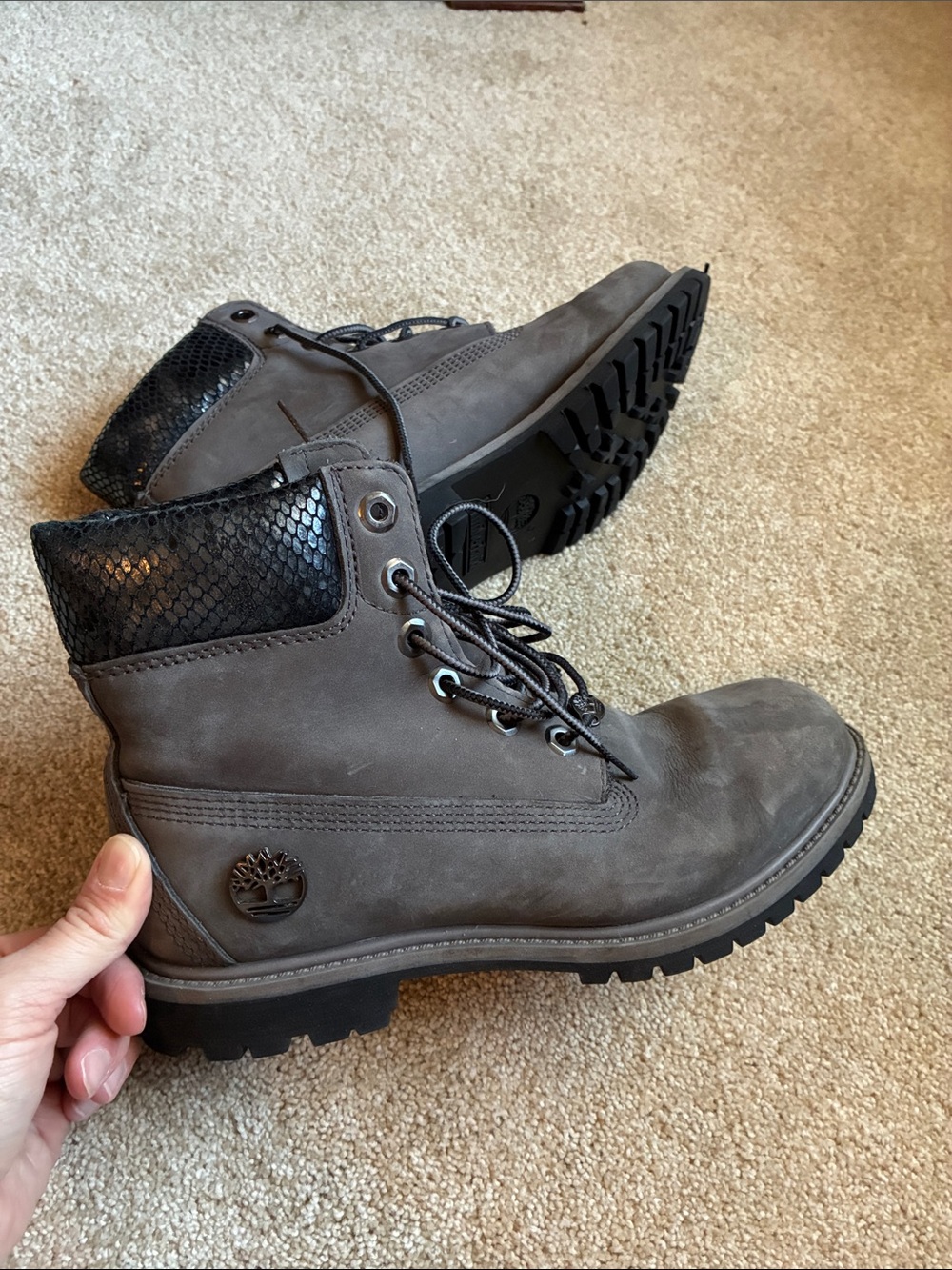 Timberland Men's Gray Nubuck Lace-Up Boots with Black Collar